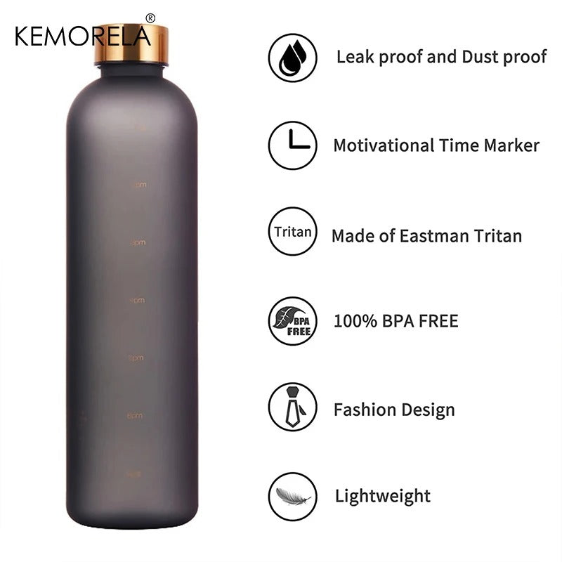 1L Water Bottle With Time Marker – 32 OZ Motivational Frosted Bottle