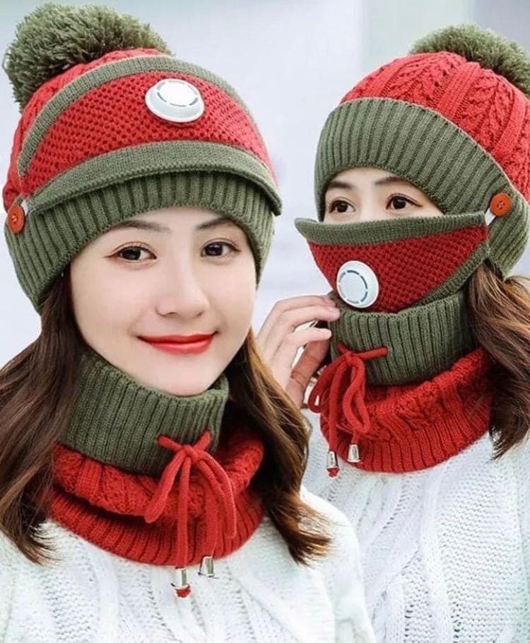 3PCS Women’s Winter Warm Scarf, Knitted Hat & Mask Set – Fashionable & Cozy